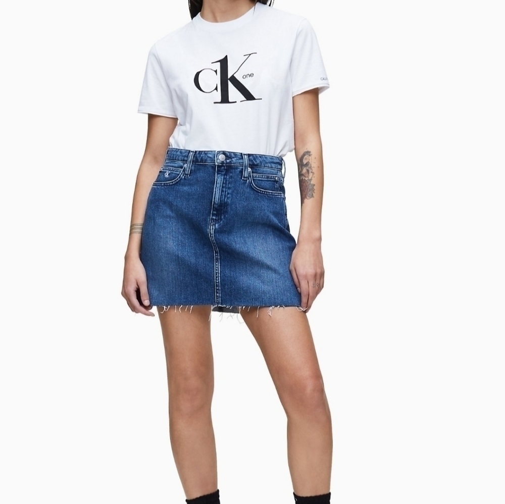 Ck One High Rise Denim Mini Skirt